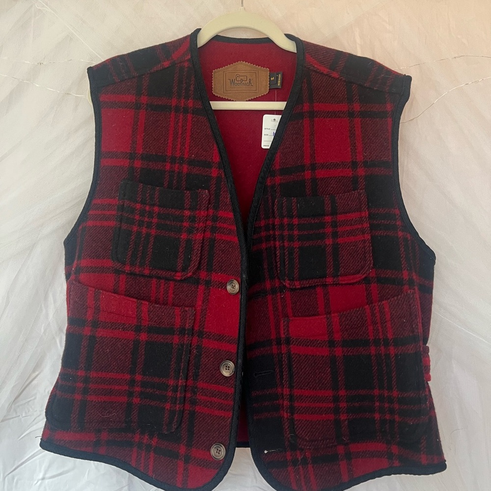 Woolrich Burgundy and Black Wool Vest with Leather Patch